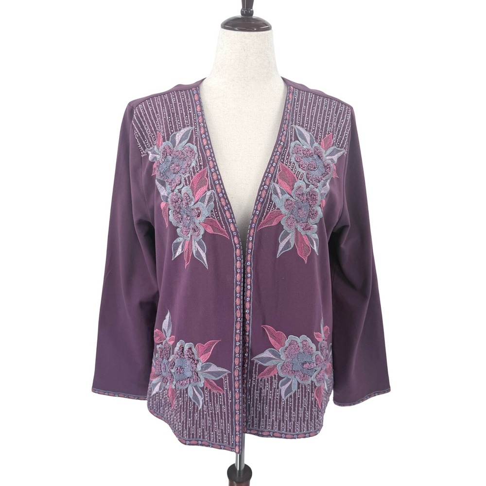 Soft Surroundings Playa Plum Purple Floral Embroidered‎ Beaded Cotton Cardigan L